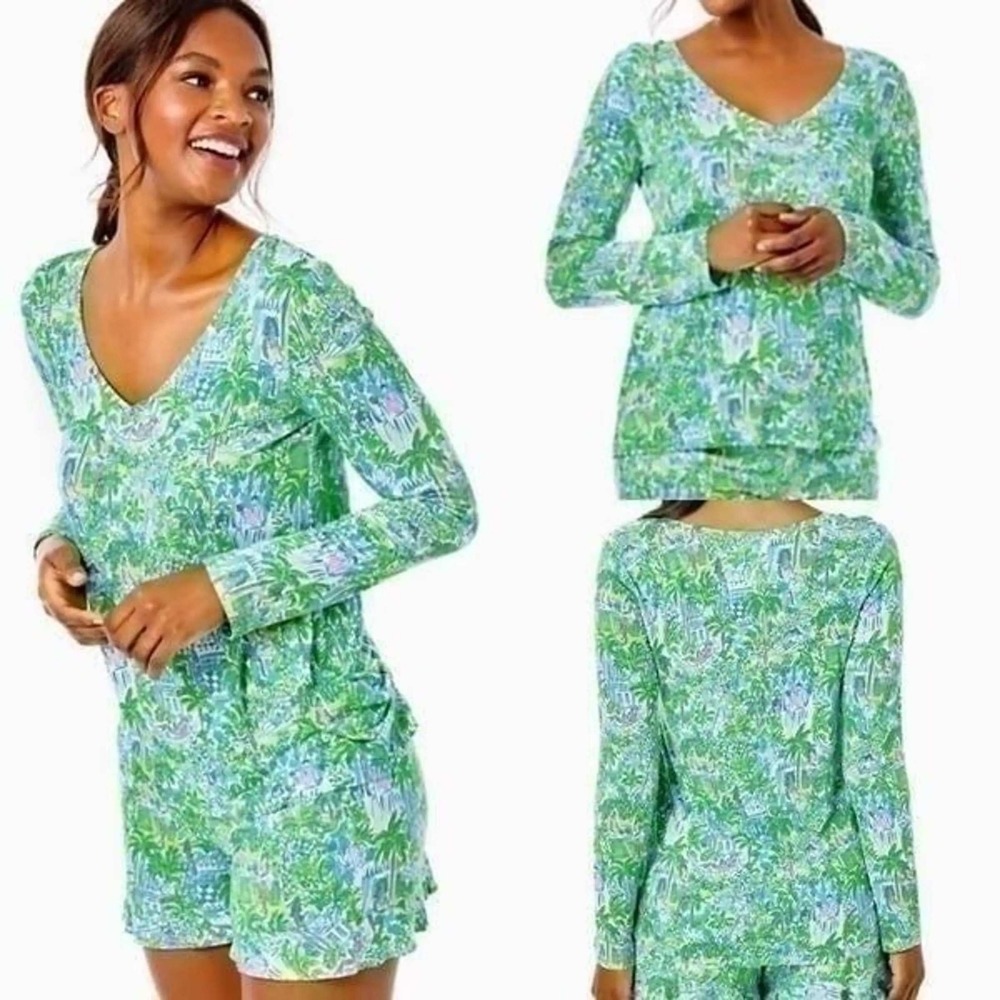 Lilly Pulitzer 3 Piece Pajama Set Green Blue Tropical Palm Tank Top Shorts